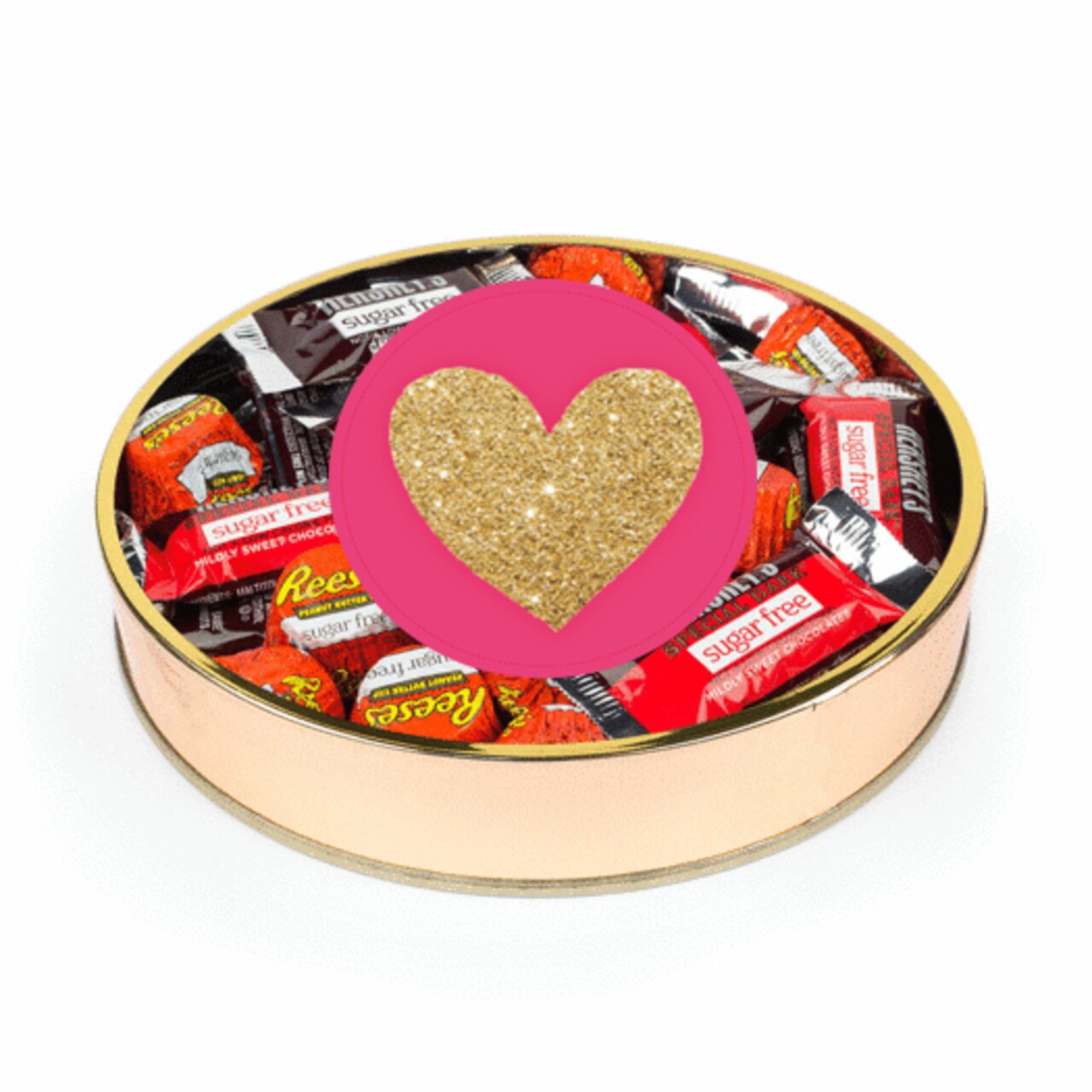 Valentine's Day Sugar Free Chocolate Gift Tin Large Plastic Tin with Sticker and Hershey's Candy & Reese's Mix